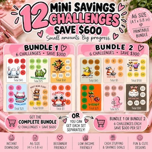 May include: A printable A6 size bundle of 12 savings challenges designed to save $600. The set includes two bundles of 6 challenges each, featuring colourful illustrations of animals and food with dollar amounts for tracking progress toward financial goals.