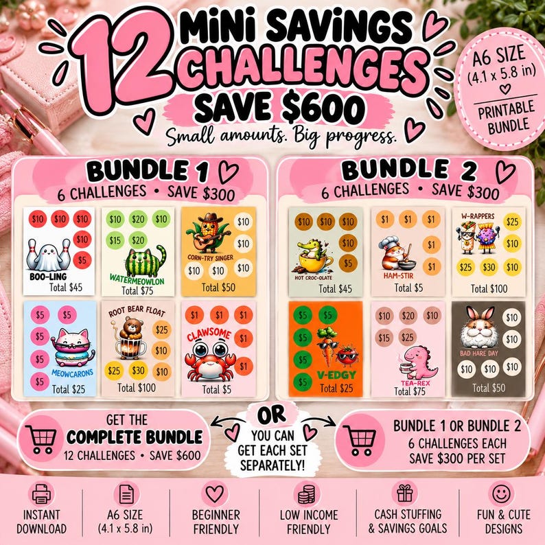 May include: A printable A6 size bundle of 12 savings challenges designed to save $600. The set includes two bundles of 6 challenges each, featuring colourful illustrations of animals and food with dollar amounts for tracking progress toward financial goals.