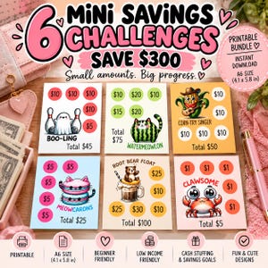K&ouml;nnte beinhalten: Ein druckbares Set aus sechs Mini-Spar-Challenge-Karten mit bunten Illustrationen von einem Geist, einer Wassermelonen-Katze, einem Mais, Katzen-Macarons, einer Root-Beer-Schorle und einer Krabbe. Jede Karte enth&auml;lt Dollarbetr&auml;ge und Sparziele.