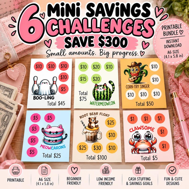 K&ouml;nnte beinhalten: Ein druckbares Set aus sechs Mini-Spar-Challenge-Karten mit bunten Illustrationen von einem Geist, einer Wassermelonen-Katze, einem Mais, Katzen-Macarons, einer Root-Beer-Schorle und einer Krabbe. Jede Karte enth&auml;lt Dollarbetr&auml;ge und Sparziele.