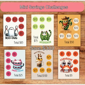 Può includere: Una collezione di mini sfide di risparmio illustrate con temi divertenti come il bowling, un gatto anguria, un cantante di mais, un root beer float, un macaron a forma di gatto e un granchio. Ogni carta ha un importo totale di risparmio.