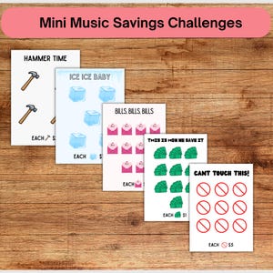 Puede incluir: Una colección de mini desafíos de ahorro musical con varios temas. Los desafíos incluyen "Hammer Time", "Ice Ice Baby", "Bills, Bills, Bills", "This is how we save it" y "Can't Touch This!". Cada tarjeta presenta un diseño y un objetivo de ahorro diferentes.