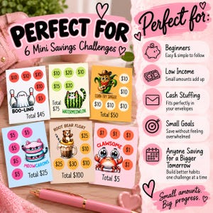 K&ouml;nnte beinhalten: Sechs bunte Mini-Spar-Challenge-Karten mit Cartoon-Illustrationen von einem Geist, einer Wassermelonen-Katze, einem Maiskolben, Macarons, einer Limonade und einer Krabbe, inklusive Dollarbetr&auml;gen und Texten zur Verfolgung von Sparzielen.