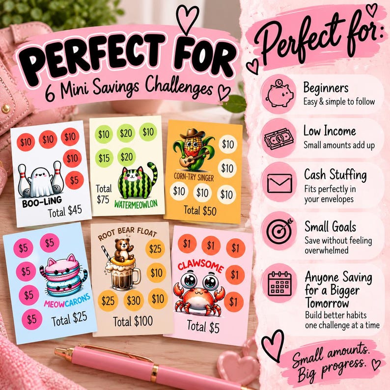 K&ouml;nnte beinhalten: Sechs bunte Mini-Spar-Challenge-Karten mit Cartoon-Illustrationen von einem Geist, einer Wassermelonen-Katze, einem Maiskolben, Macarons, einer Limonade und einer Krabbe, inklusive Dollarbetr&auml;gen und Texten zur Verfolgung von Sparzielen.
