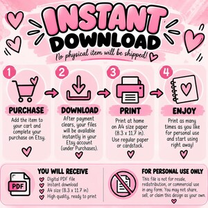 May include: An instructional graphic with a pink background and heart motifs detailing a four-step process: purchase, download, print, and enjoy. It specifies A4 size paper at 21 x 29.7 cm, notes the file is for personal use only, and includes a PDF icon.
