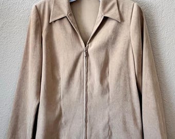 Blazer vintage de los 90, estilo casual de negocios, de ante beige con cremallera.