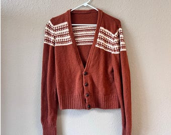 Vintage 1970's orange Fair Isle Strickjacke Pullover Größe M