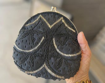 Vintage 60s black beaded satin twist clasp handbag