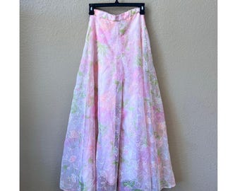 Vintage handgemaakte roze bloemen wijde chiffon broek maat XS
