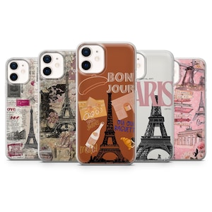 Op de afbeelding: Vijf telefoonhoesjes met Eiffeltoren-ontwerpen. Eén hoesje is bruin met de tekst "BON JOUR" en illustraties. Een andere heeft de tekst "PARIS". De anderen tonen afbeeldingen van de Eiffeltoren en Franse thema-afbeeldingen.