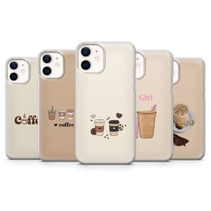 以下が含まれることがあります： コーヒーをテーマにしたデザインの携帯電話ケース5個セット。コーヒーカップ、ハート、"coffee"の文字のイラストが特徴です。ベージュ、ブラウン、ホワイトの色使いです。