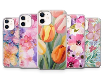 Flower Phone Case Watercolor Draw Cover for iPhone 17Pro Max, 16, 15, 14, 13, 12, Samsung S26,S25, S24, S23Fe, A16, A56, Pixel 10, 9Pro