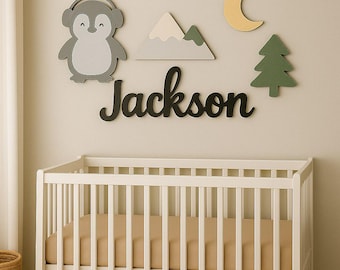Penguin Nursery Name Sign – Custom Wood Wall Art, Winter Decor