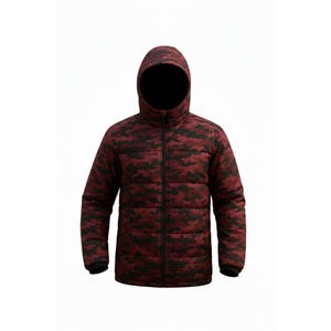 May include: A hooded puffer jacket in a camouflage pattern of burgundy and black. The jacket has a full-length zipper and black cuffs. The hood is up, and the jacket appears to be insulated for warmth.