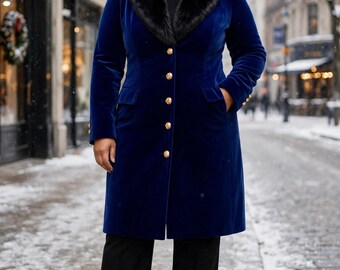 May include: A royal blue velvet coat featuring a black faux fur collar, long sleeves, and a front button closure with gold-toned buttons. The coat is worn over a black turtleneck and black trousers, with black ankle boots. Text reads FITNESS SPORTS.