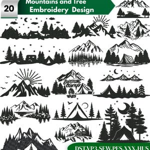 Könnte beinhalten: Eine Sammlung von 20 Schwarz-Weiß-Stickmustern mit Bergen, Bäumen, Zelten und Campingszenen. Die Designs enthalten den Text "Summer camp". Das Bild enthält auch den Text "Mountains and Tree Embroidery Design".