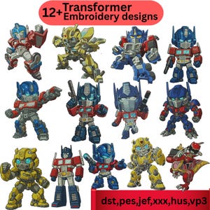 May include: A selection of 12+ Transformer embroidery designs. The designs showcase different robot characters in bright colours, including red, blue, and yellow. The text "Transformer Embroidery designs" is displayed at the top. The file formats are listed at the bottom.