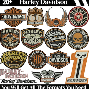 Può includere: Una collezione di oltre 20 toppe ricamate Harley-Davidson con vari disegni tra cui scudi, teschi, ali e il logo numero uno. Le toppe sono realizzate in arancione, nero, bianco e grigio, con testi come Route 66 e Live to Ride.
