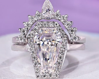 3.0 CT Coffin Cut Moissanite Bridal Ring Set | Unique Coffin Shape Engagement Ring, 14k White Gold Halo Wedding Set | Gothic Bridal Jewelry