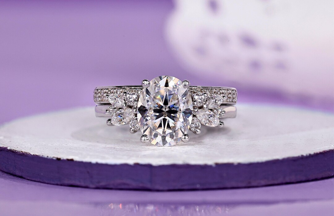 Oval Cut Moissanite Bridal Ring Set, Half Eternity Matching Wedding ...