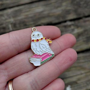Może przedstawiać: Złoty wisiorek przedstawiający białą sowę w okularach i szaliku w czerwono-żółte paski. Sowa siedzi na różowej książce z zielono-białymi krawędziami. Wisiorek ma złotą pętlę u góry do mocowania.