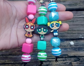 Kawaii PPG Keychain: Handmade Power Girls Backpack Accessory, Cute Puff Purse Keychain, Lanyard