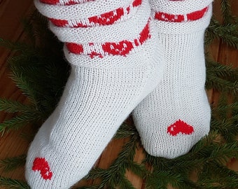 Valentine Socks with Heart Decorations, Knitted Boot Socks, Woolen Socks for Teen, Handmade