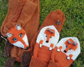 Handknitted Set, Faux Fox Scarf and Fox Mittens (ready to ship)