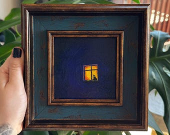 Gato solitario junto a la ventana n.° 4, Mini cuadro al óleo original hecho a mano y enmarcado de 4x4 pulgadas.