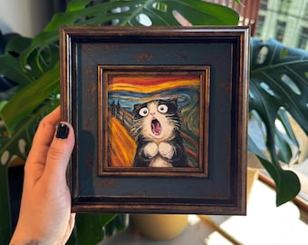 El gato que grita, mini cuadro al óleo enmarcado hecho a mano de 4x4 pulgadas.