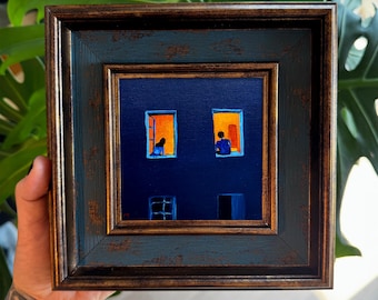 „Jemand anderes ist wach“ – Mini-Ölgemälde (10 x 10 cm), handgefertigtes Originalgemälde mit Rahmen, nächtliche Stadtansicht, gemütliche blaue Wanddekoration, ideales Geschenk für die erste Wohnung