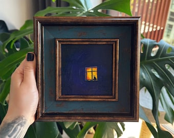Gato solitario junto a la ventana n.° 2, Mini cuadro al óleo enmarcado hecho a mano de 4x4