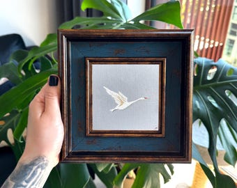 Flying Swan Original Oil Painting 4x4, Hand Painted Minimalist Bird Wall Art, Flying Swan Decor, Bird Lover Gift, Unique Housewarming Gift