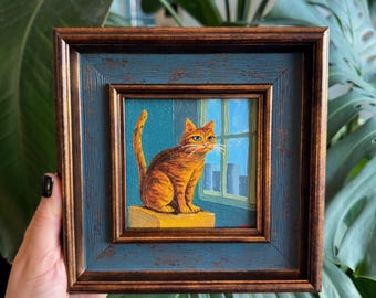 Gato ámbar, Mini cuadro al óleo enmarcado hecho a mano de 4x4
