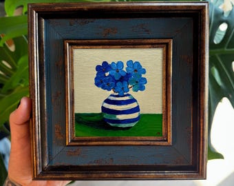 The Blue Flowers, Handmade Framed mini Oil Painting 4x4, Original Floral Still Life Art, Striped Vase, Blue Wall Art, Housewarming Gift
