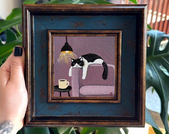 Original Oil Painting of Tuxedo Cat 4x4, Hand Painted Cat Wall Art, Minimalist Room Decor, Unique Housewarming Gift