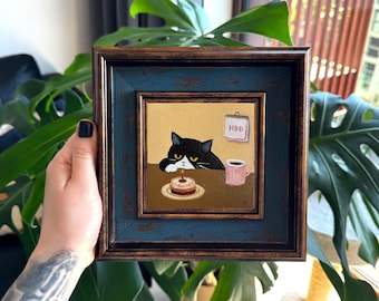 Peinture d'anniversaire de chat smoking, mini peinture à l'huile encadrée faite main 4 x 4