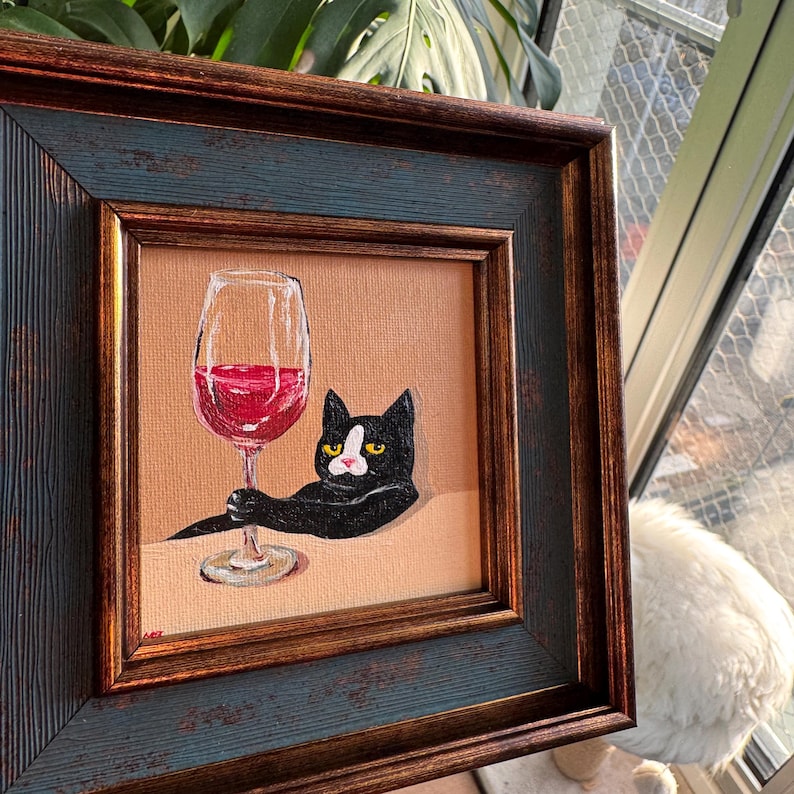 Tuxedo Cat With Wine Glass, Handmade Framed Mini Oil Painting 4x4 - Etsy