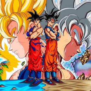 Puede incluir: Ilustración digital que presenta tres versiones de un personaje de la serie Dragon Ball. Las figuras centrales están de pie con los brazos cruzados, vistiendo trajes rojos y naranjas. El fondo muestra dos retratos de personajes adicionales con cabello amarillo y plateado.
