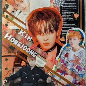 Pode incluir: Uma colagem com várias imagens de Kim Hongjoong, com detalhes em laranja e castanho. O nome "KIM HONGJOONG" é exibido em destaque. A colagem inclui letras de músicas, um coração e um leme.