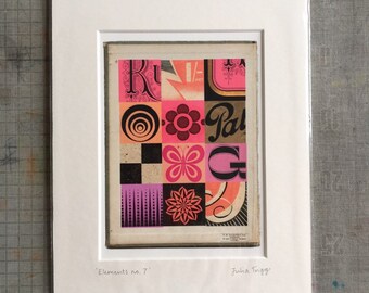 Fine art mini print, vintage type, pink & black ephemera. Contemporary collage, giclée, 8 x 10 mount. Title: 'Elements no.7'