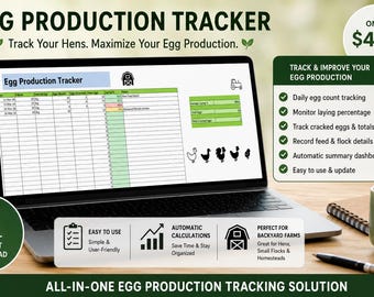 Eierproduktions-Tracker-Tabelle | Protokoll für Hobbyhühner (Digitaler Download)