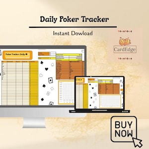 Peut inclure: Un écran d'ordinateur et un ordinateur portable affichent une feuille de calcul de suivi de poker avec un schéma de couleurs jaune et blanc. Le texte "Daily Poker Tracker" et "Instant Download" sont visibles. Un bouton "Buy Now" est dans le coin.