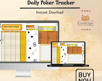 May include: A computer monitor and laptop display a poker tracker spreadsheet with a yellow and white color scheme. The text "Daily Poker Tracker" and "Instant Download" are visible. A "Buy Now" button is in the corner.