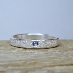 Yogo Sapphire Rustic Textured Silver Ring | 3mm Sterling Silver Band |  Flush-set Yogo Sapphire