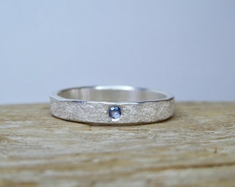 Yogo Sapphire Rustic Textured Silver Ring | 3mm Sterling Silver Band |  Flush-set 2mm Yogo Sapphire
