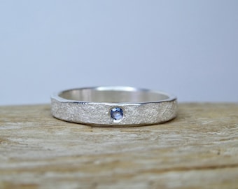 Yogo Sapphire Rustic Textured Silver Ring | 3mm Sterling Silver Band |  Flush-set 2mm Yogo Sapphire