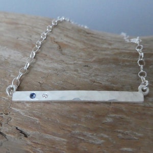 Yogo Sapphire and Diamond Hammered Horizontal Bar Necklace | 1.8mm Yogo Sapphire, 1.3mm Diamond