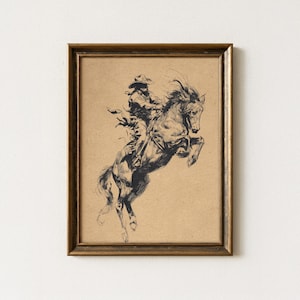 Impresión vintage de dibujo de vaquero montando un caballo bronco / Arte de rodeo retro, arte de pared bohemio del suroeste / Póster de equitación, decoración de pared de caballo retro / VCB1