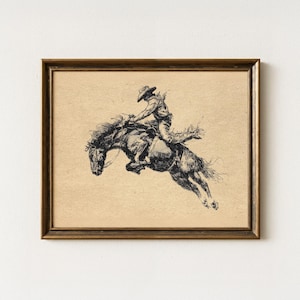 Impresión vintage de dibujo de vaquero montando un caballo bronco / Arte de rodeo retro, arte de pared bohemio del suroeste / Póster de equitación, decoración de pared de caballo retro / VCB3